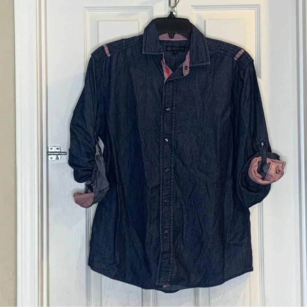 Smash Dress Shirt Men Size S Blue Denim Shirt Long Sleeve Rolled Sleeves